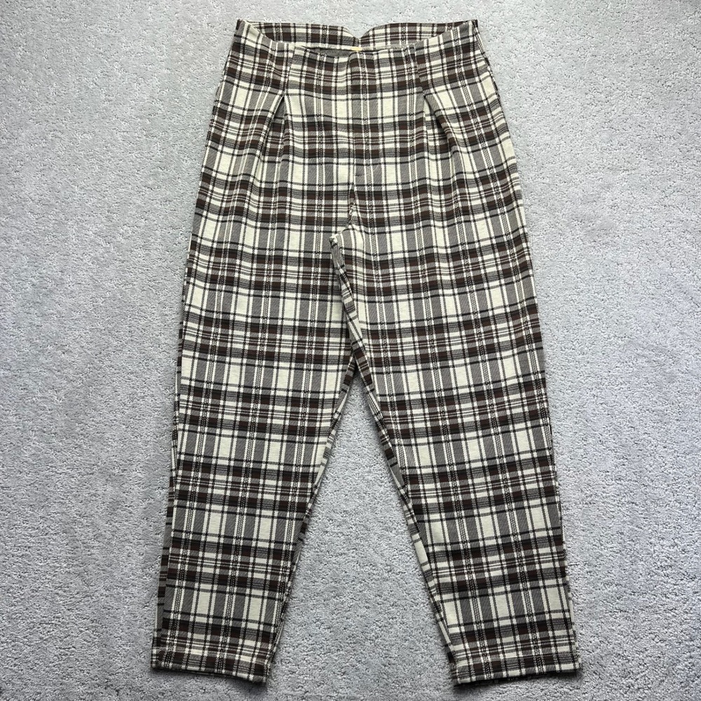 Free People Pants Womens Medium Brown Plaid High Waisted Tapered Ankle Preppy